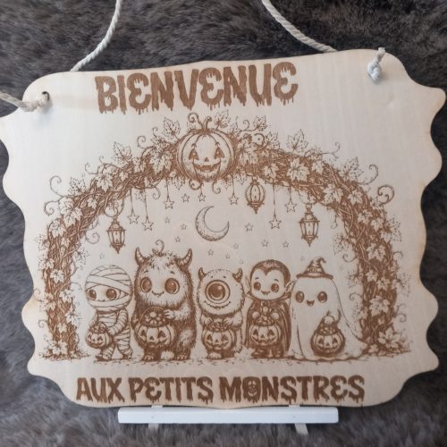 Pancarte Halloween réversible en bois gravé
