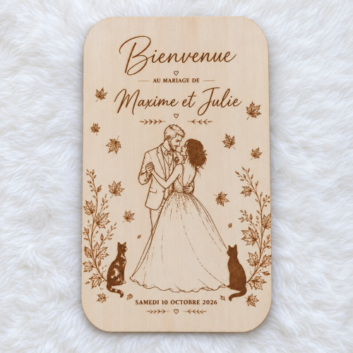 Panneau de bienvenue en bois gravé personnalisé pour mariage, avec couple, chats et décor automnal