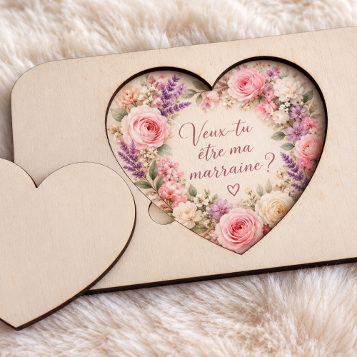 Demande marraine en bois – Cœur amovible fleuri