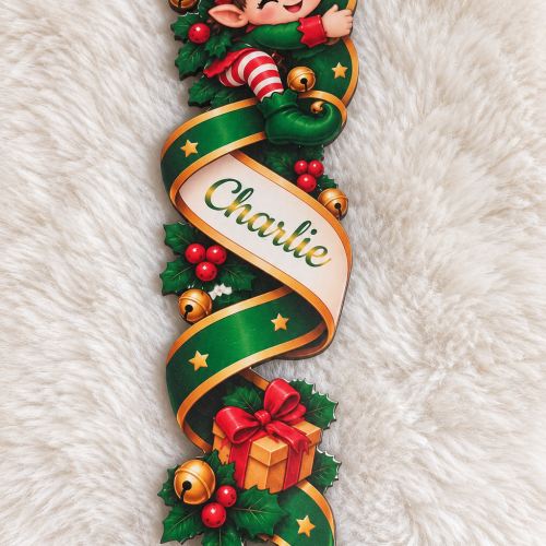 Suspension de Noël personnalisée – Lutin ou lutine au ruban – 24 cm